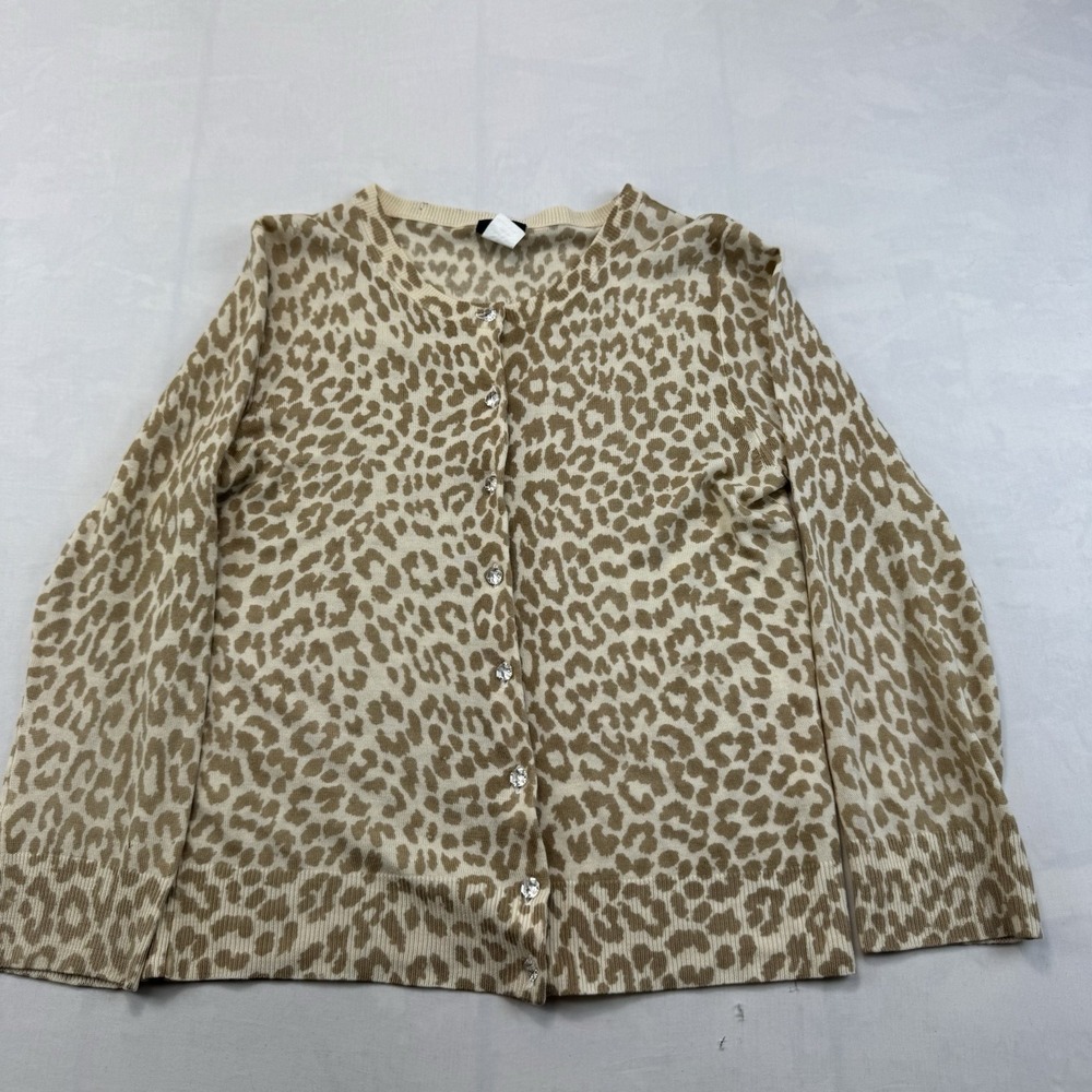 J.Crew Women's Large 100% Merino Wool Leopard Print Cardigan Crystal Buttons